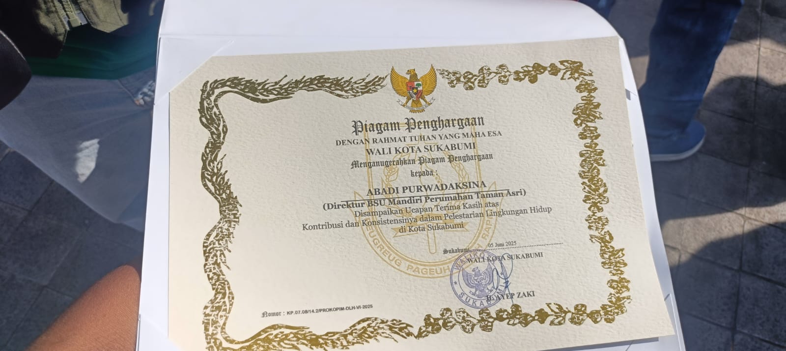 Certificate of Recognition from the Mayor of Sukabumi